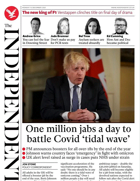 鲍里斯发表全国讲话，呼吁所有成年人快去接种加强剂