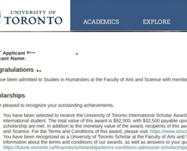 加拿大第一名多伦多大学录取一枚